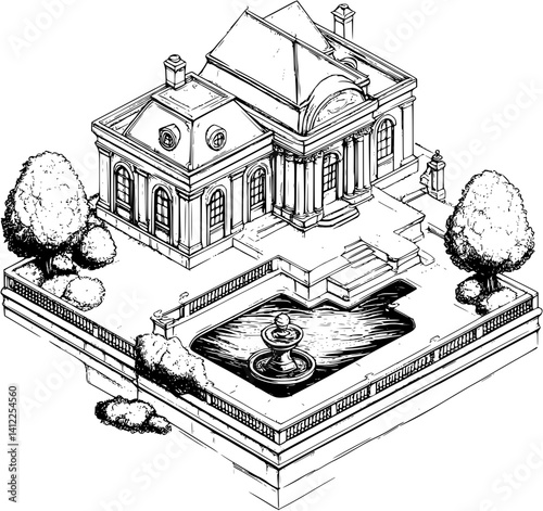 Baroque style Fountain house isometric design, Baroque style Fountain house illustration art