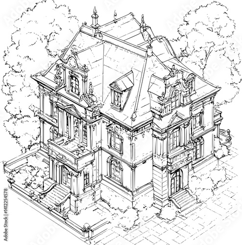 Baroque style Mansion isometric design, Baroque style Mansion illustration art