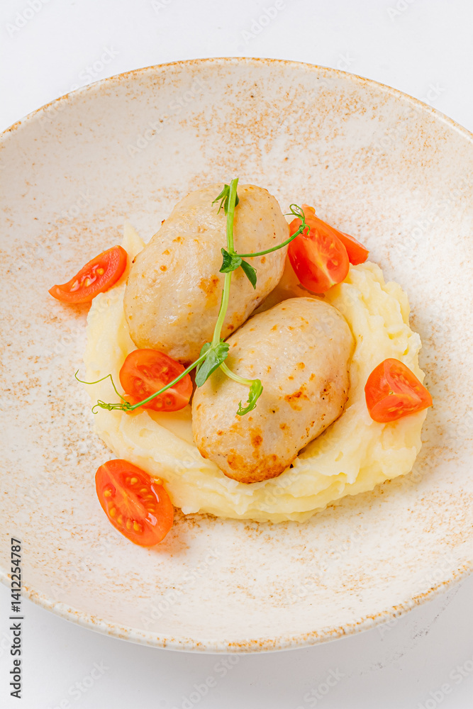 Savory dumplings rest atop smooth mashed potatoes, adorned with vibrant tomato slices