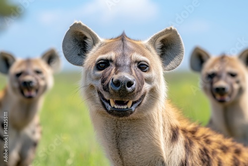 A pack of hyenas (Hyaenidae family) laughing together as they scavenge in the African savanna