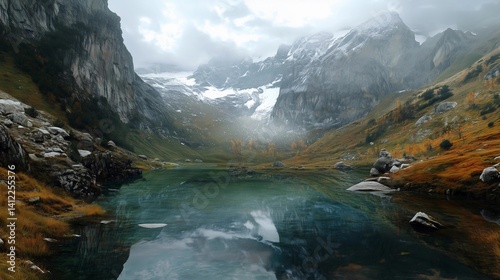 Fototapeta Naklejka Na Ścianę i Meble -  A mountain range with a lake in the middle. The lake is calm and clear. The sky is cloudy and the mountains are covered in snow