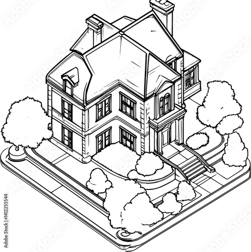 Craftsman style Community hall isometric design, Craftsman style Community hall illustration art