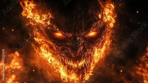 A fiery demon face, engulfed in hellish flames.