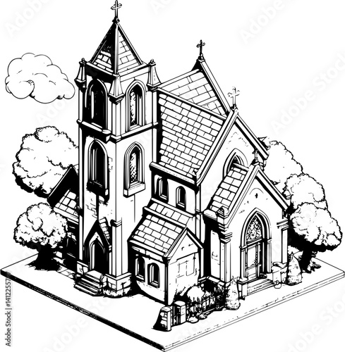 Gothic style Guild hall isometric design, Gothic style Guild hall illustration art