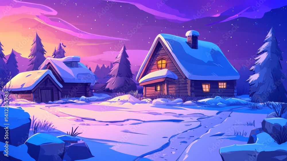 Fototapeta premium Cozy Winter Cabin Scene with Snowy Landscape at Sunset