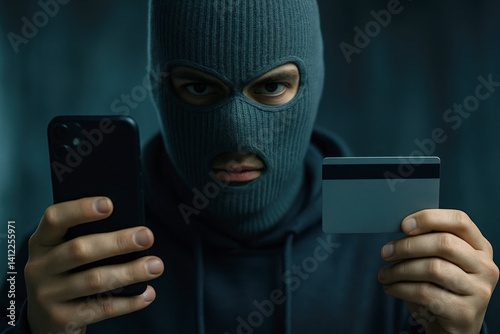 A masked cybercriminal holding a smartphone and credit card, symbolizing phone fraud and theft of banking information. Phone scammer stealing banking data

