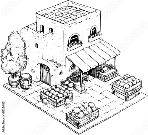 Mediterranean style Bodega isometric design, Mediterranean style Bodega illustration art