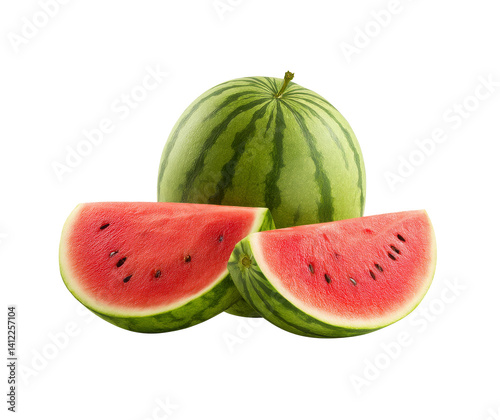 Realistic Watermelon Isolated on White Background with Fresh Red Flesh and Green Rind