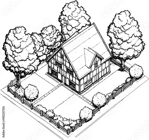 Tudor style Barn isometric design, Tudor style Barn illustration art