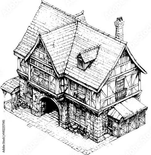 Tudor style Market hall isometric design, Tudor style Market hall illustration art