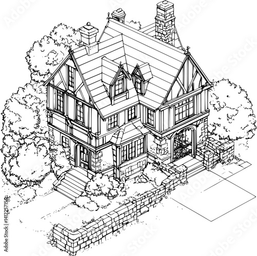 Tudor style Inn isometric design, Tudor style Inn illustration art
