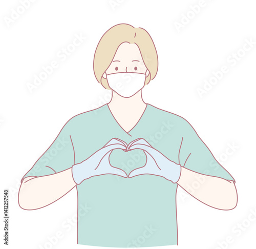 A healthcare professional in scrubs and a mask shows love and care by forming a heart shape with their hands