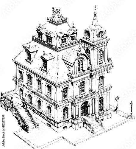 Victorian style Office tower isometric design, Victorian style Office tower illustration art