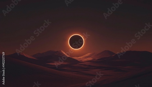 Solar eclipse over desert landscape, dark sky and dunes in background, dramatic view