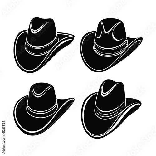 A collection of black leather cowboy hats, including a classic stetson, western fashion accessories, cowboy hats collection