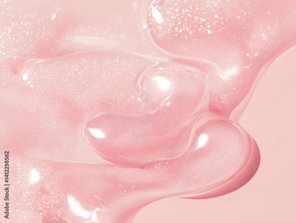 Fototapeta premium close-up view of a pink, gel-like substance. The texture appears glossy and smooth, with a fluid, almost liquid appearance. The gel has a soft pink hue, giving it a delicate and elegant look.