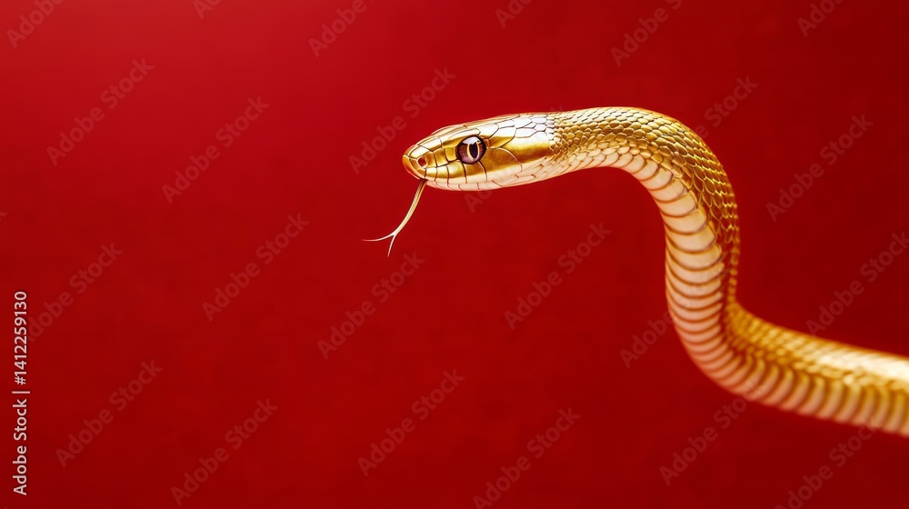 Fototapeta premium Metallic gold snake, red background