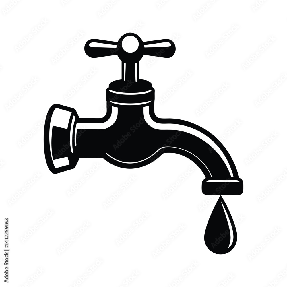 Shiny chrome faucet with a clear water drop isolated on white, faucet with water drop, isolated plumbing icon Shiny chrome faucet with a clear water drop isolated on white, faucet with water drop, isolated plumbing icon