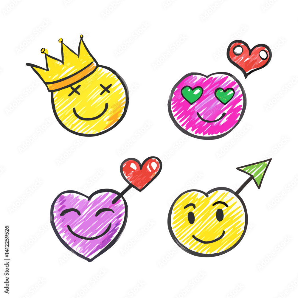 Smile brush hand drawn vector element set. Emoji fun face, heart, crown symbol crayon texture marker background kid sketch style hand drawn element. Color smiley face, arrow. Vector illustration