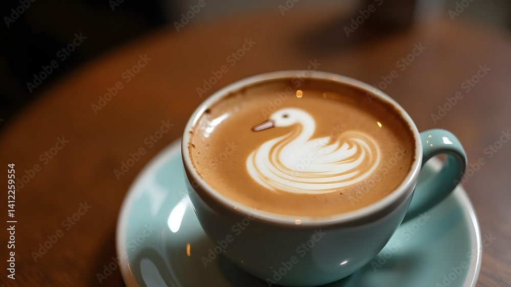 Elegant swan latte art in a blue ceramic cup on a wooden table, a perfect treat for a relaxing morning.