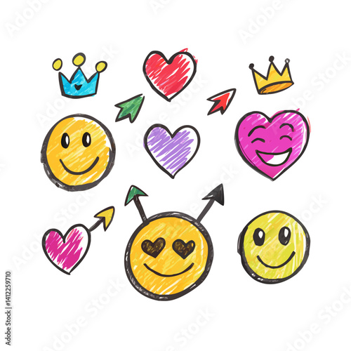 Smile brush hand drawn vector element set. Emoji fun face, heart, crown symbol crayon texture marker background kid sketch style hand drawn element. Color smiley face, arrow. Vector illustration