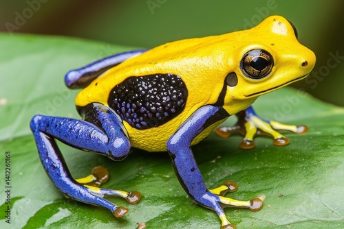 A vibrant Dendrobates (poison dart frog) resting on a tropical leaf, its colorful skin warning predators