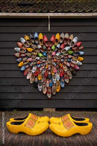 Colorful wooden shoes on the market