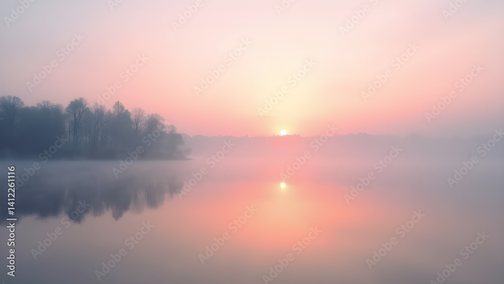 Obraz premium Soft Light at Sunrise over Still Lake Waters with Reflections and Mist, Tranquil Nature Scene