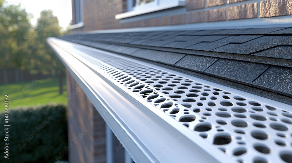 Fototapeta premium Modern gutter system with perforated design. Features a perforated aluminum cover for improved water drainage