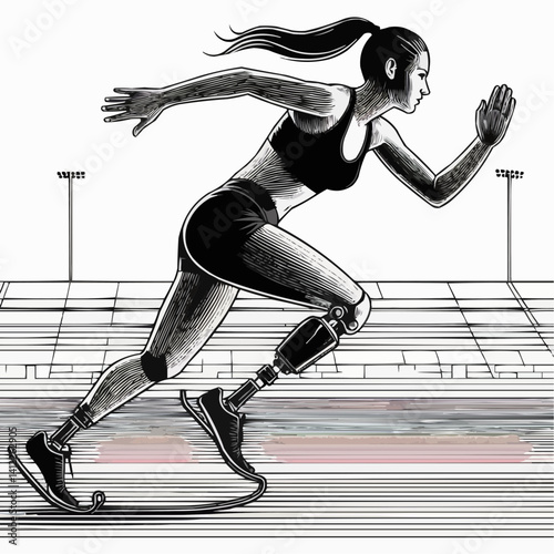Female athlete with prosthetic legs sprinting on a track in a bold graphic illustration