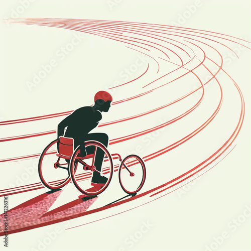 Male wheelchair racer speeding on a track in a minimalistic graphic illustration

