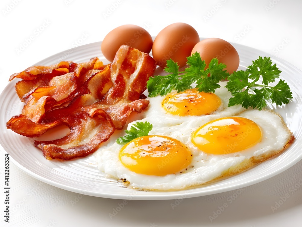 Closeup of Fried Eggs and Crispy Bacon on a White Plate Closeup of Fried Eggs and Crispy Bacon on a White Plate