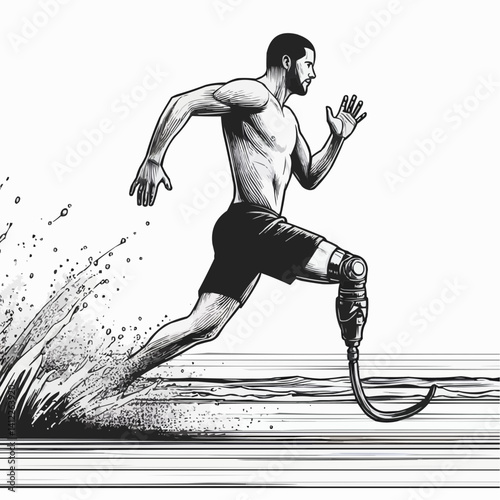 Motivated male runner with a prosthetic leg training on the beach, determined mood, black and white illustration
