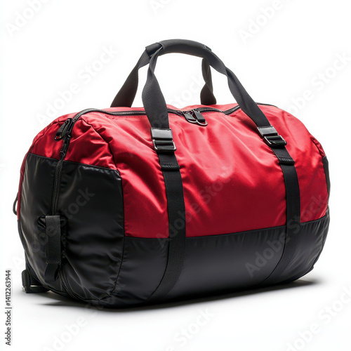 Red and black duffel bag isolated on white background.