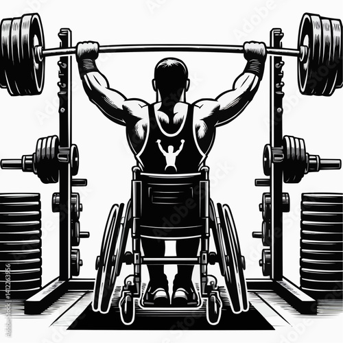 Strong man lifting heavy weights in a wheelchair, focused mood, black and white illustration
