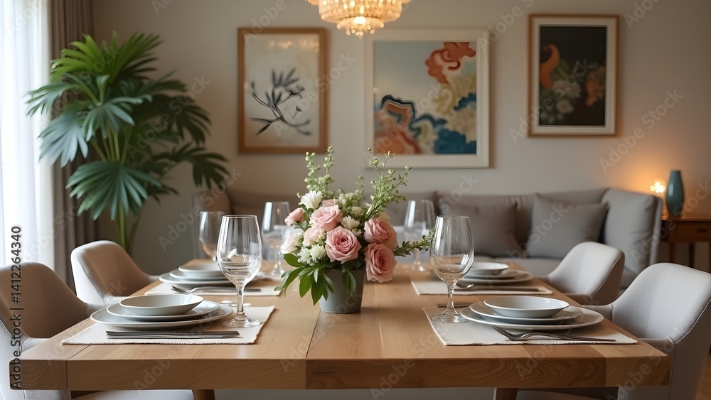 Elegant Table Setting with Floral Centerpiece in Dining Room Elegant Table Setting with Floral Centerpiece in Dining Room