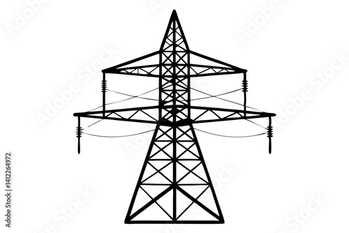 Minimalist Black And White Illustration Of Electricity Pylon Transmission Tower Artwork For Energy Concepts And Industrial Design, electricity, pylon, transmission tower, energy, vector, illustration