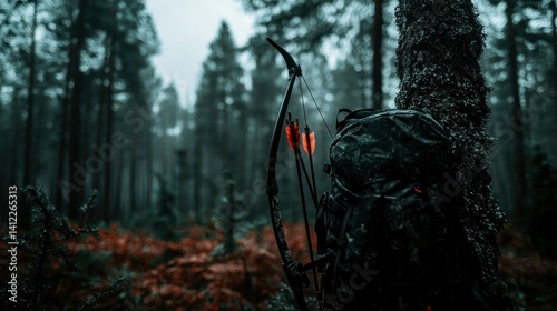 Archer's gear leaning against tree in dark forest. Backpack and bow, hunting scene