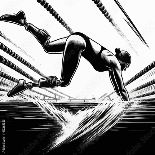 Determined swimmer with prosthetic legs racing in the pool, intense mood, black and white illustration