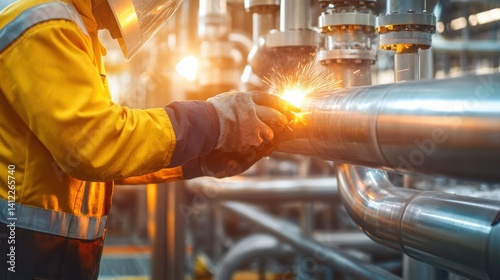 Piping engineer welding industrial pipelines at an oil refinery site. Featuring precision and heat control