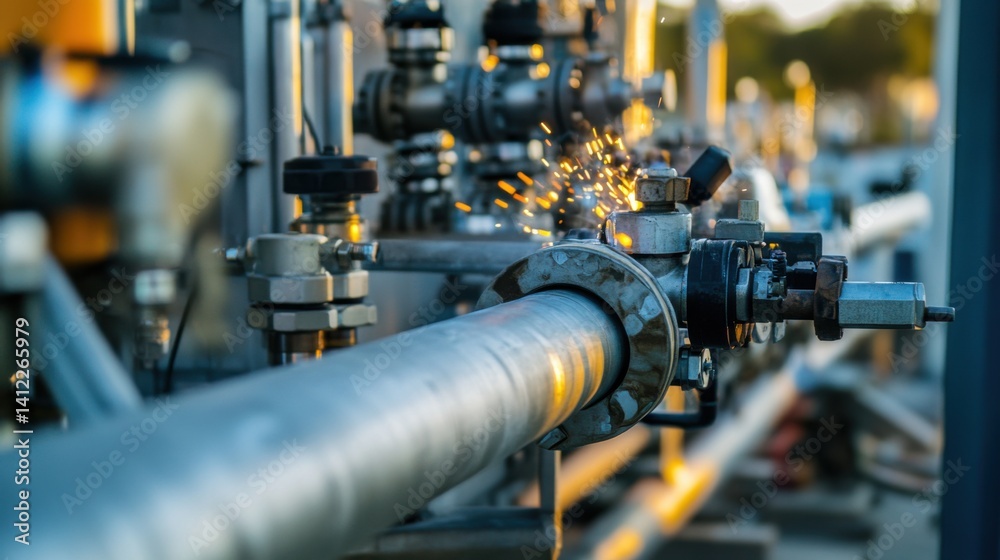 Piping engineer welding industrial pipelines at an oil refinery site. Featuring precision and heat control Piping engineer welding industrial pipelines at an oil refinery site. Featuring precision and heat control