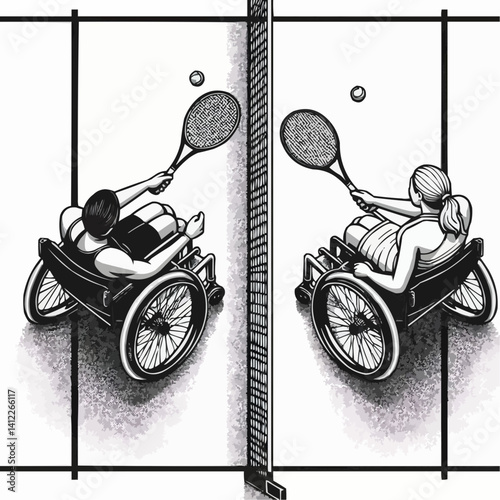 Disabled athletes playing wheelchair tennis, competitive mood, black and white illustration