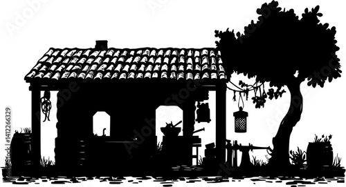 Silhouette of Farmhouse style Blacksmith shop design, Farmhouse style Blacksmith shop vector graphic