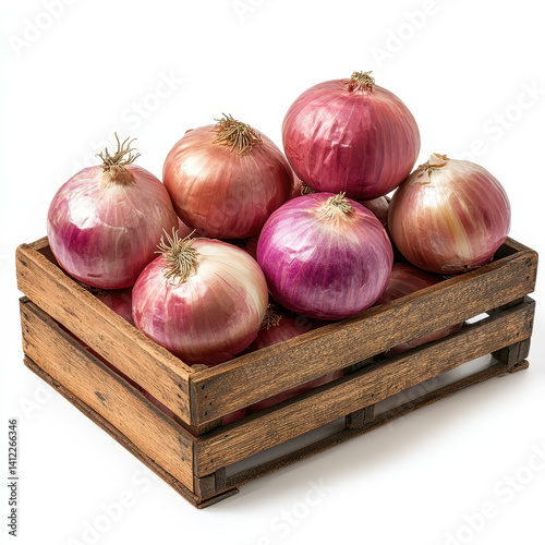Onions vegetable crate isolated on white background.