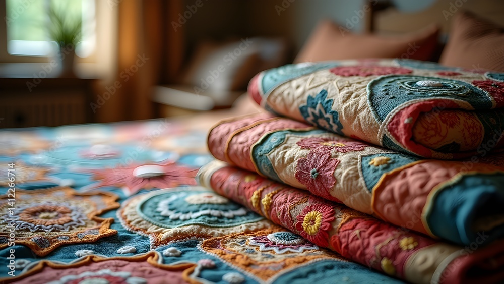 Fototapeta premium Handcrafted Quilts Stacked Neatly on Bed with Floral Patterns, Vibrant Colors and Folk Art Design
