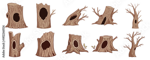 Hollow Tree Trunks Set Various Cartoon Tree Stumps Illustrations for Kids' Designs