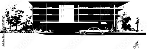 Silhouette of Mid-Century Modern style House design, Mid-Century Modern style House vector graphic
