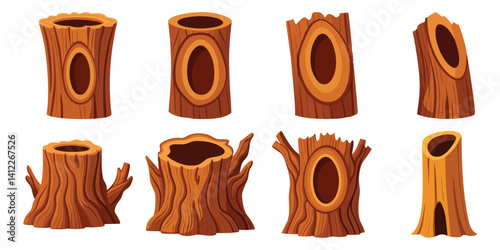 Collection of Cartoon Wooden Tree Stumps Hollowed Logs Isolated Illustrations