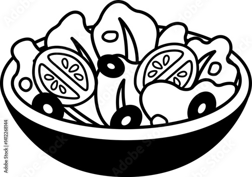 black and white icon of salad bowl with tomatoes and olives