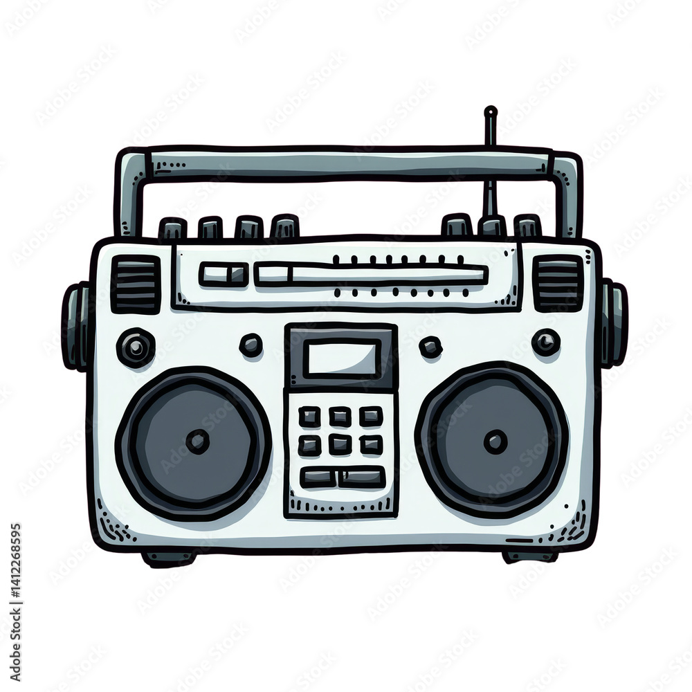 Cartoon Boombox, White, Gray, Black, Transparent Background. Retro Audio. Cartoon Boombox, White, Gray, Black, Transparent Background. Retro Audio.